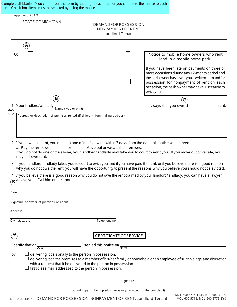 Form DC100A - Fill Out, Sign Online and Download Fillable PDF, Michigan ...