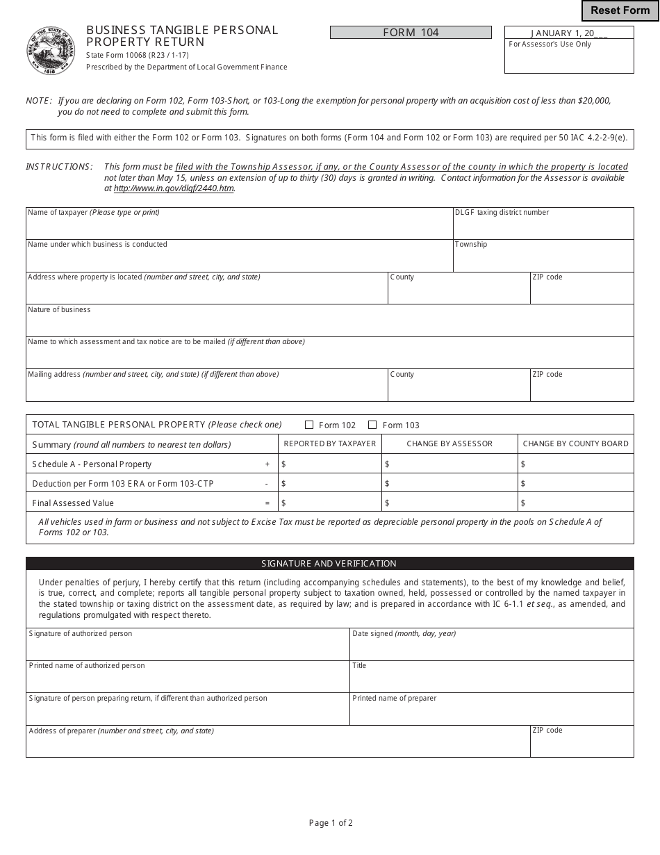 State Form 10068 Business Tangible Personal Property Return - Indiana, Page 1
