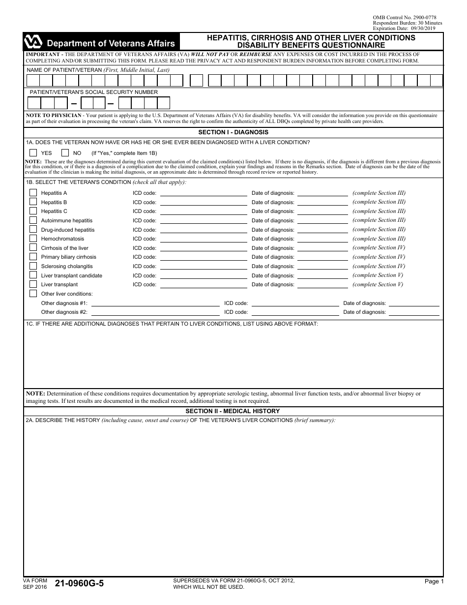 VA Form 21-0960G-5 Hepatitis, Cirrhosis and Other Liver Conditions Disability Benefits Questionnaire, Page 1