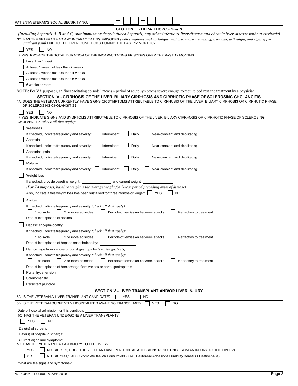 VA Form 21-0960G-5 Hepatitis, Cirrhosis and Other Liver Conditions Disability Benefits Questionnaire, Page 3