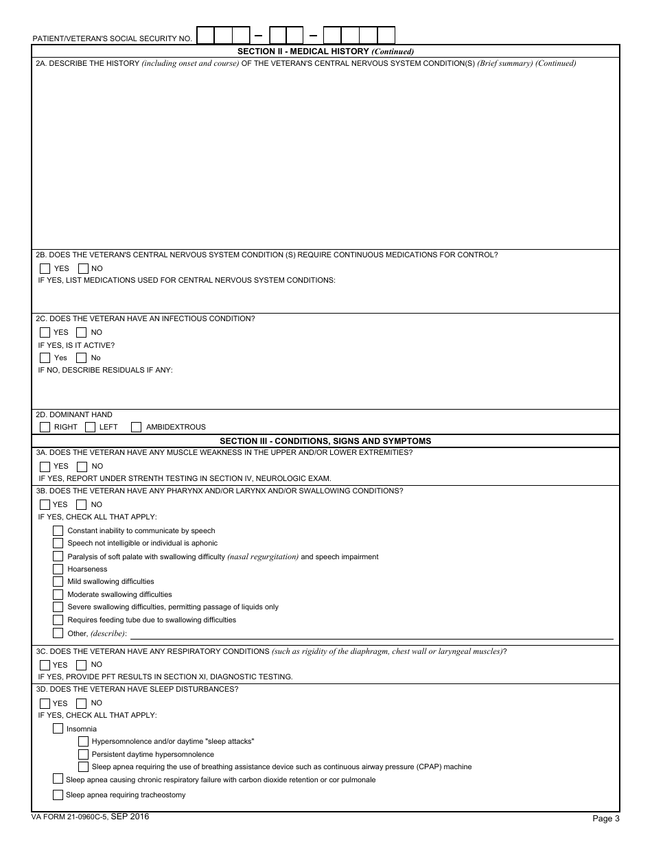 VA Form 21-0960C-5 Central Nervous System and Neuromuscular Diseases (Except Traumatic Brain Injury, Amyotrophic Lateral Sclerosis, Parkinsons Disease, Multiple Sclerosis, Headaches, Tmj Conditions, Epilepsy, Narcolepsy, Peripheral Neuropathy, Sleep Apnea, Cranial Nerve Disorders, Fibromyalgia, Chronic Fatigue Syndrome) Disability Benefits Questionnaire, Page 3