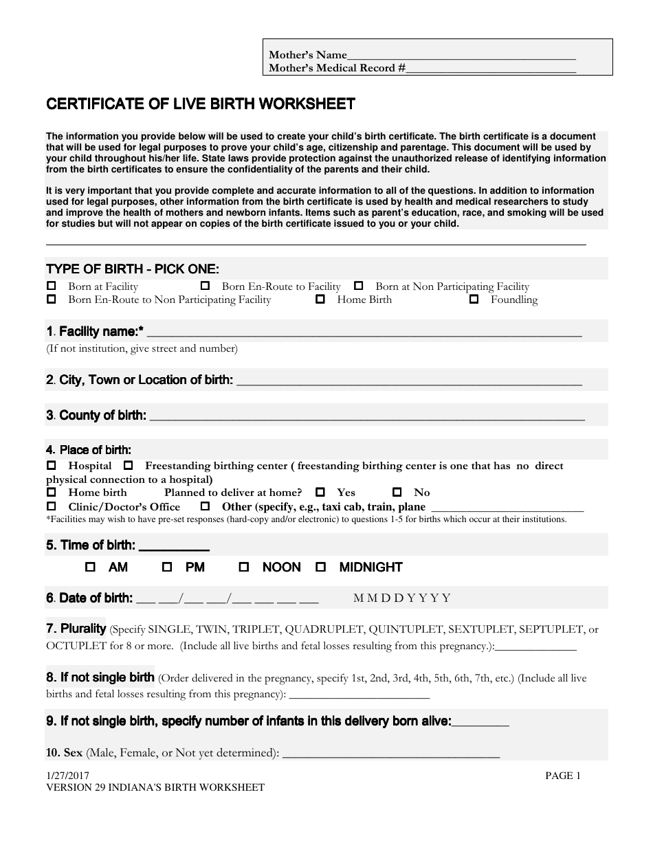Indiana Certificate of Live Birth Worksheet Fill Out Sign Online and