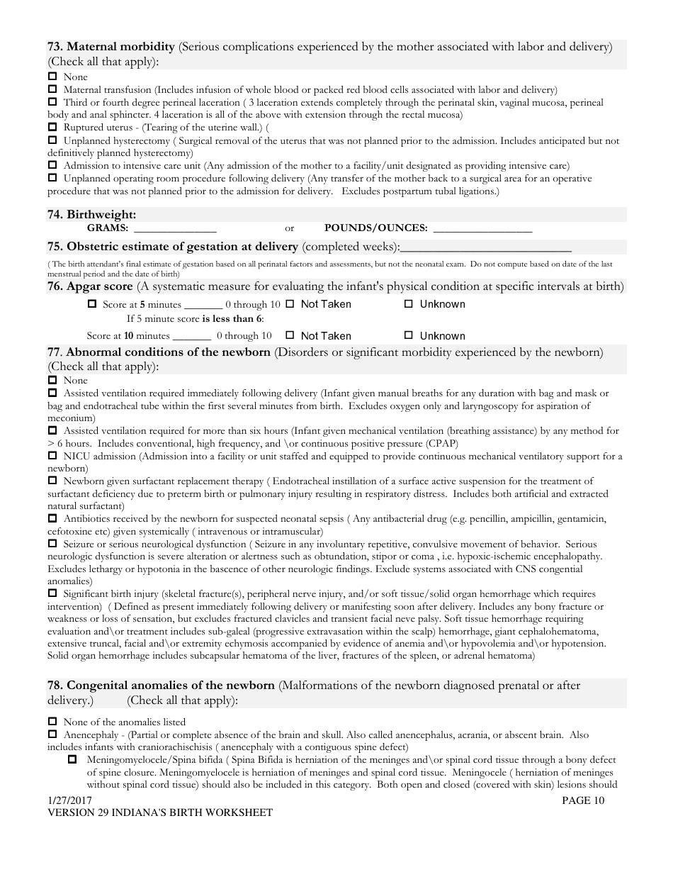 Certificate of Live Birth Worksheet - Indiana, Page 10