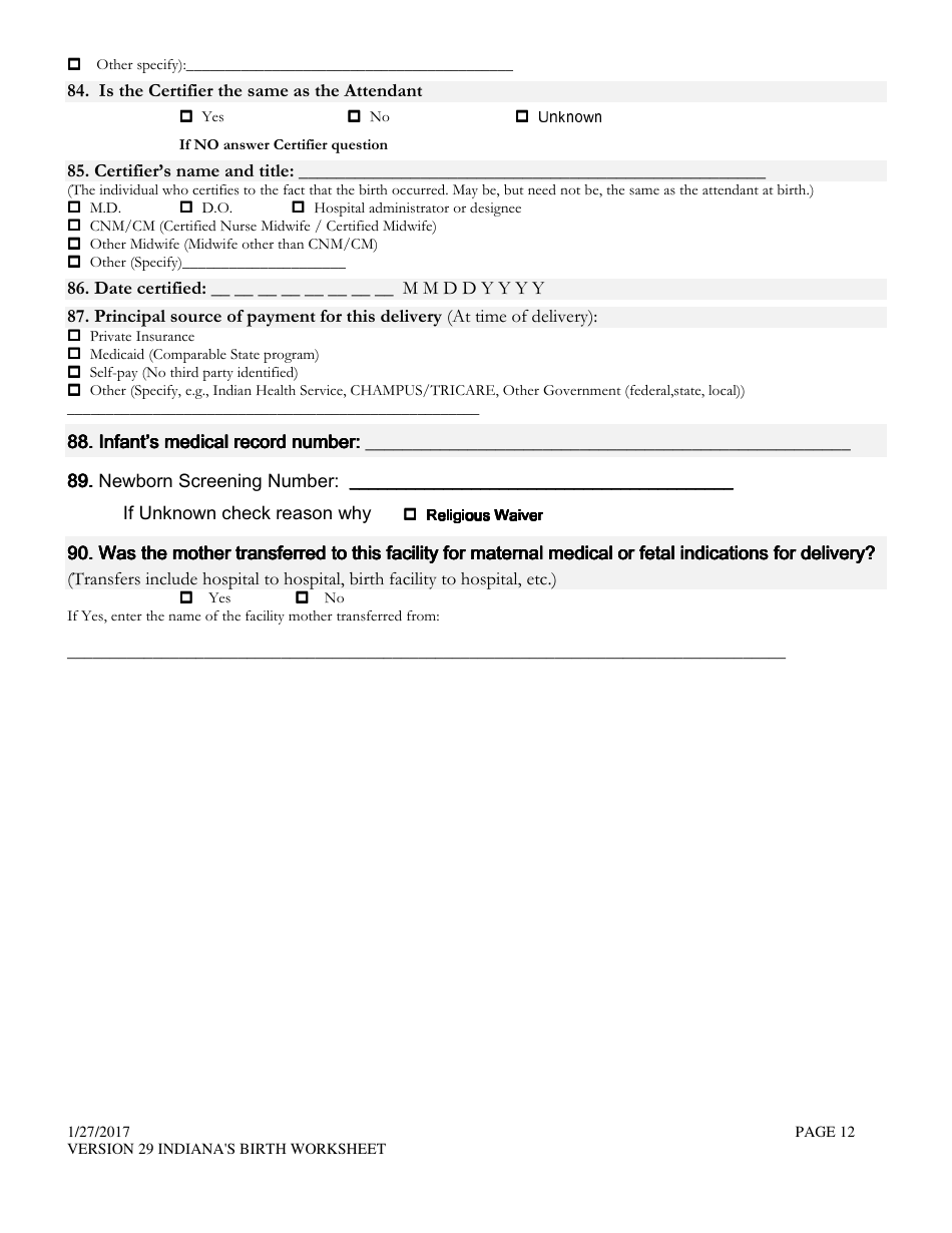 Certificate of Live Birth Worksheet - Indiana, Page 12