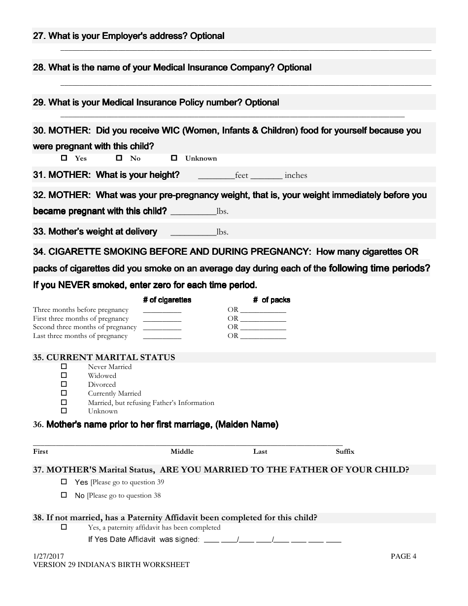 Certificate of Live Birth Worksheet - Indiana, Page 4