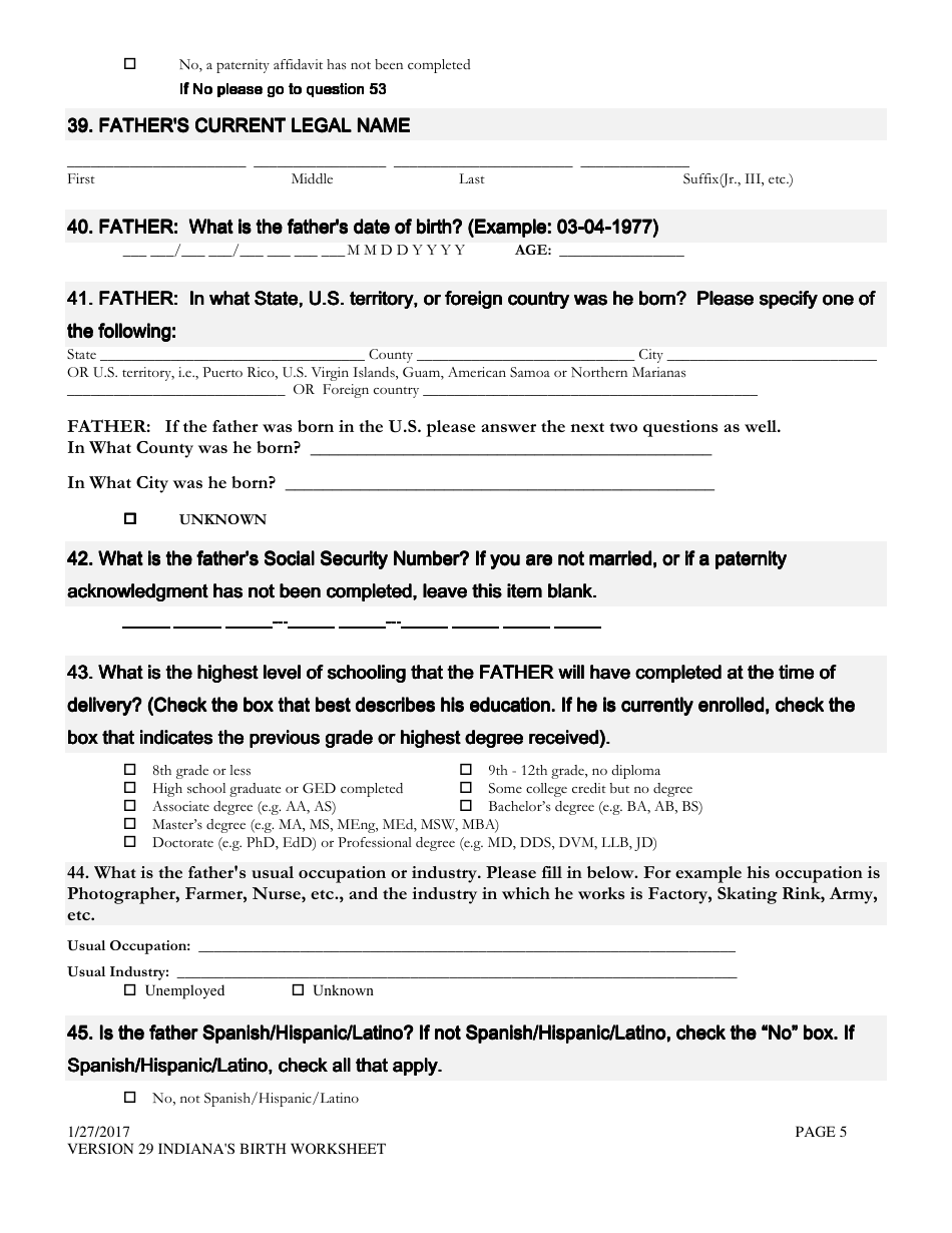 Certificate of Live Birth Worksheet - Indiana, Page 5