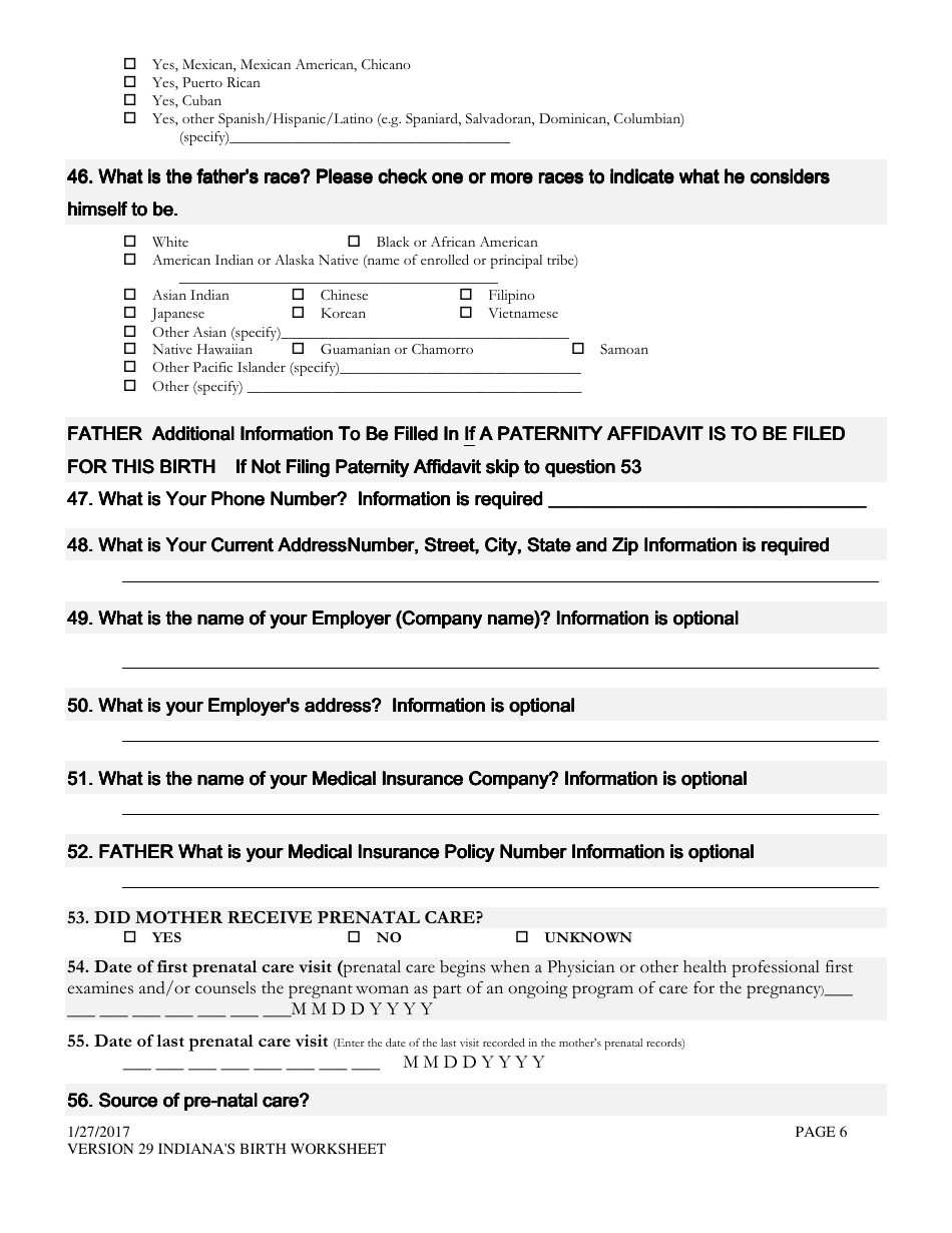 Certificate of Live Birth Worksheet - Indiana, Page 6
