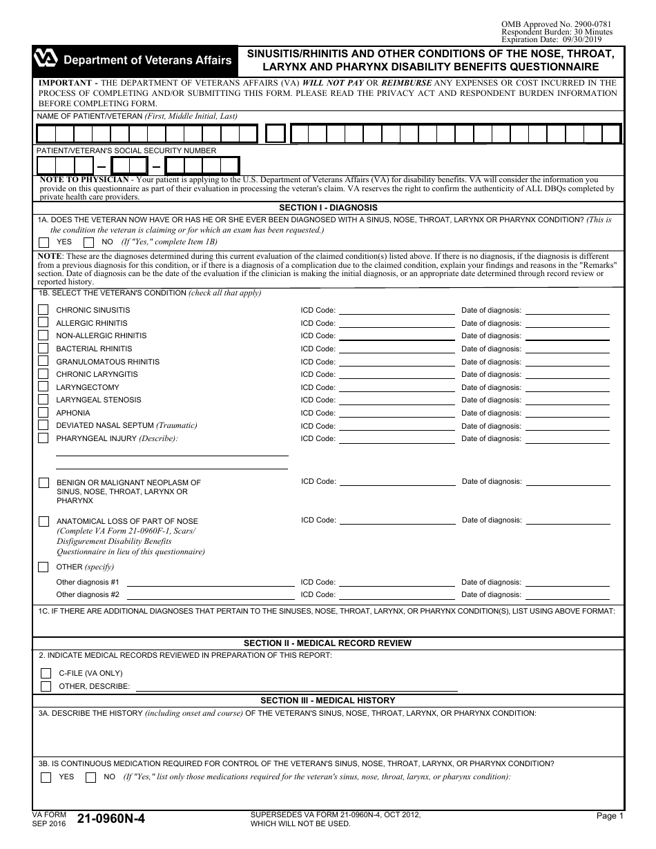 VA Form 21-0960N-4 Sinusitis / Rhinitis and Other Conditions of the Nose, Throat, Larynx and Pharynx Disability Benefits Questionnaire, Page 1
