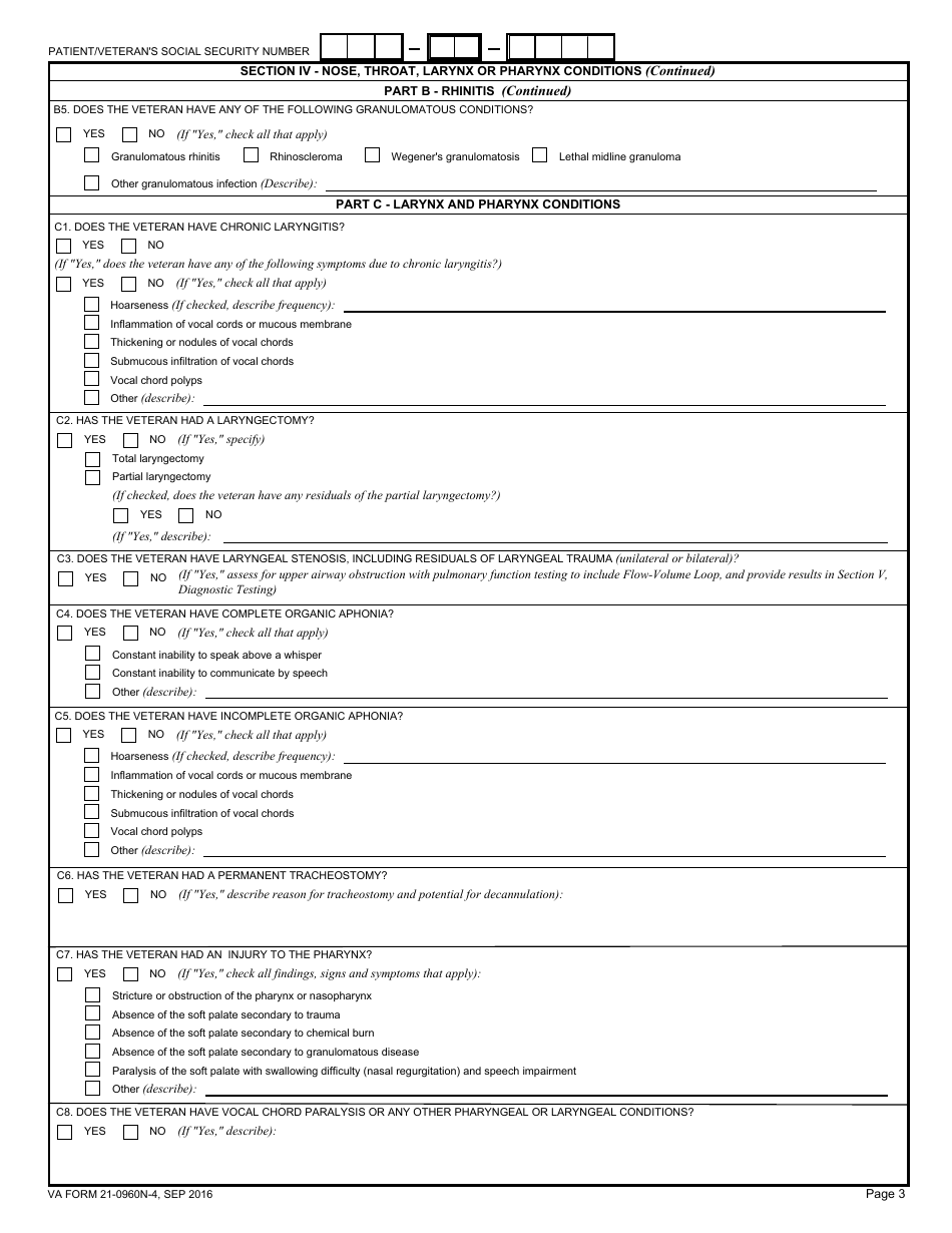 VA Form 21-0960N-4 Sinusitis / Rhinitis and Other Conditions of the Nose, Throat, Larynx and Pharynx Disability Benefits Questionnaire, Page 3