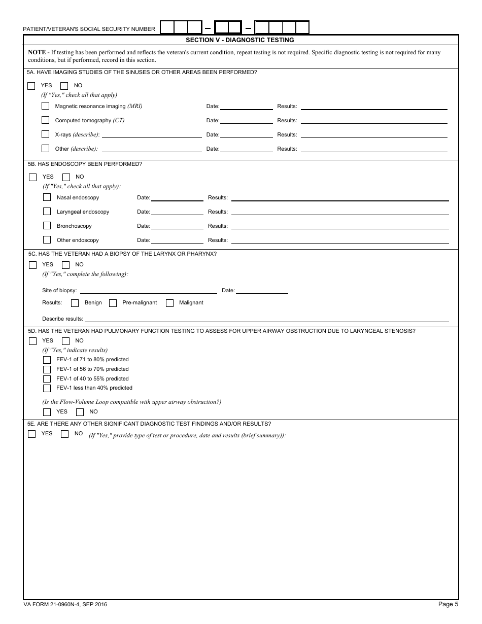 VA Form 21-0960N-4 Sinusitis / Rhinitis and Other Conditions of the Nose, Throat, Larynx and Pharynx Disability Benefits Questionnaire, Page 5