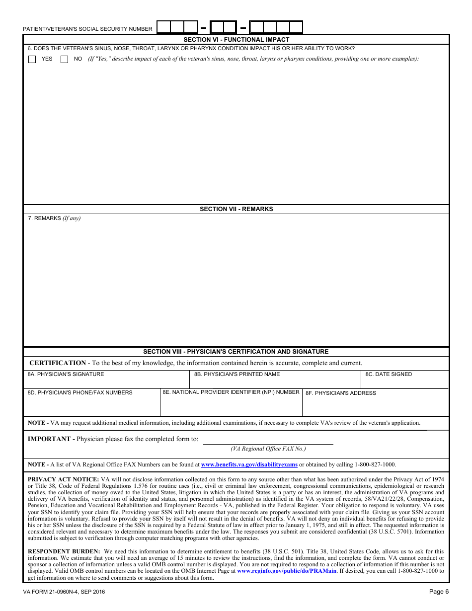 VA Form 21-0960N-4 Sinusitis / Rhinitis and Other Conditions of the Nose, Throat, Larynx and Pharynx Disability Benefits Questionnaire, Page 6