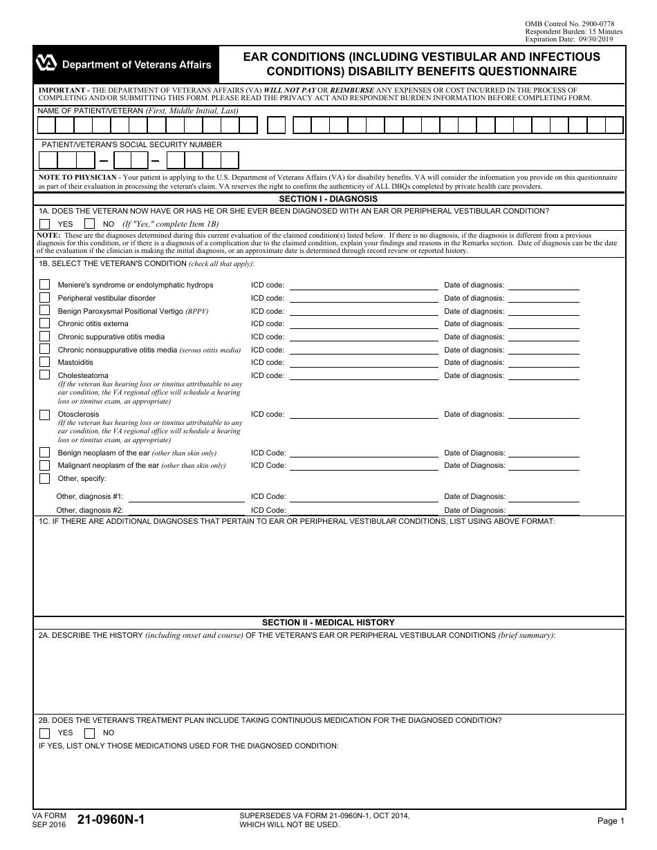 VA Form 21-0960N-1 Ear Conditions (Including Vestibular and Infectious Conditions) Disability Benefits Questionnaire, Page 1