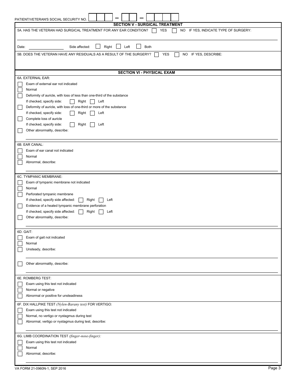 VA Form 21-0960N-1 Ear Conditions (Including Vestibular and Infectious Conditions) Disability Benefits Questionnaire, Page 3