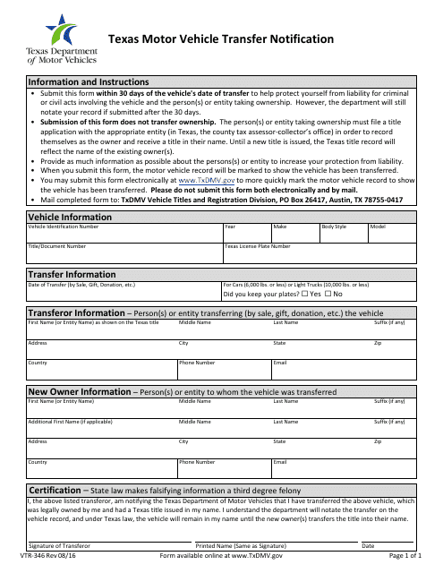 form vtr 346 download fillable pdf or fill online texas motor vehicle transfer notification texas templateroller