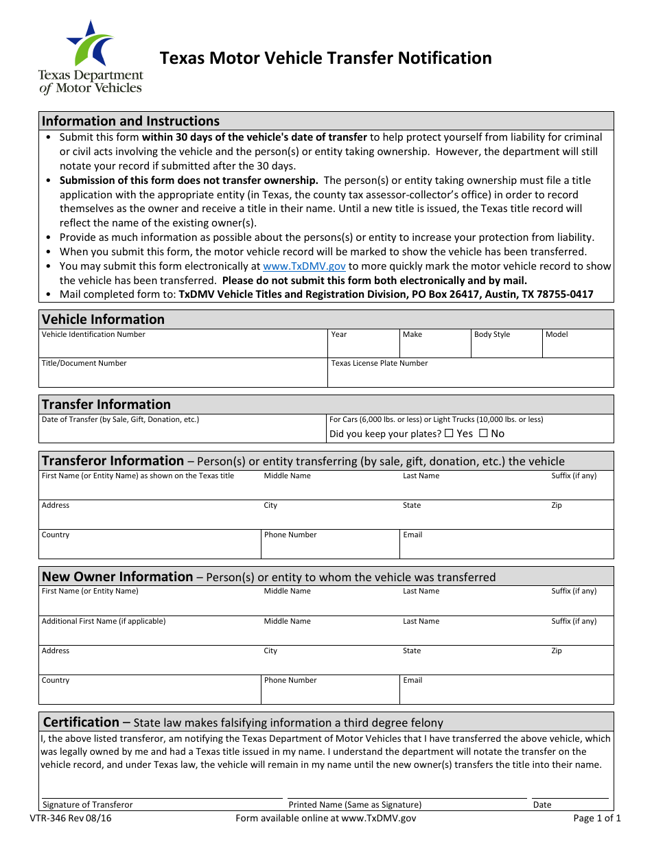 Form VTR-346 Texas Motor Vehicle Transfer Notification - Texas, Page 1