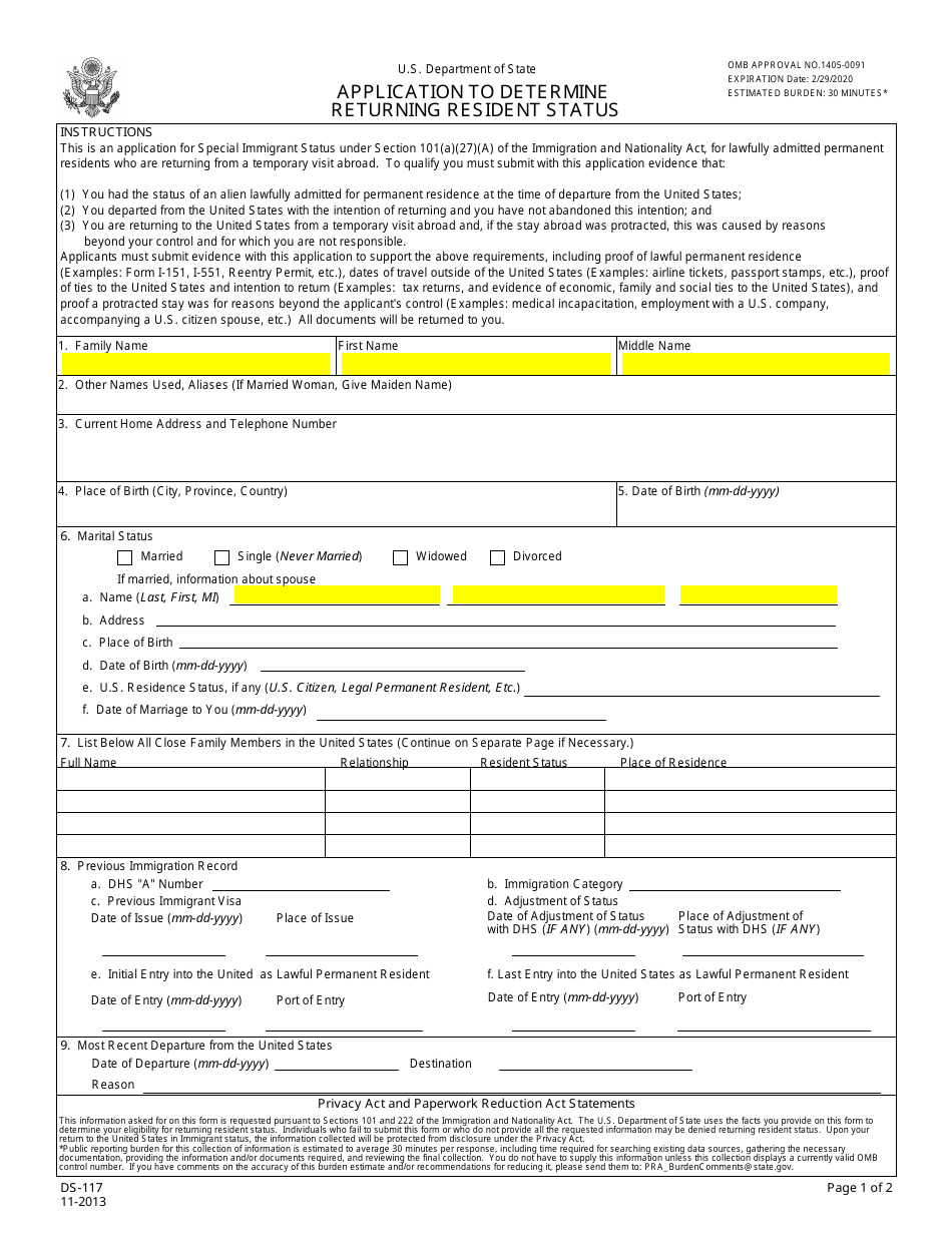 Form DS-117 Application to Determine Returning Resident Status, Page 1