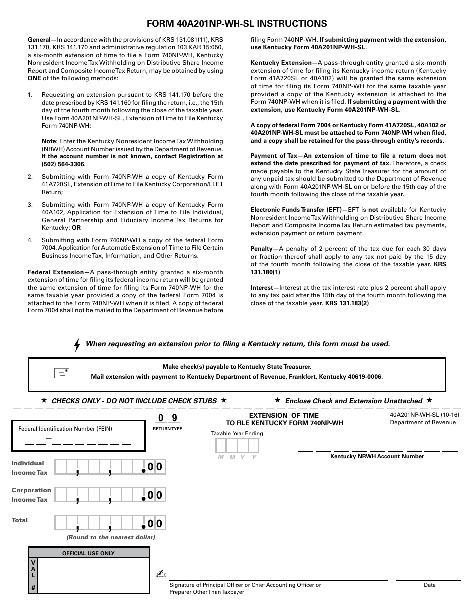 Form 40A201NP-WH-SL Extension of Time to File Kentucky Form 740np-Wh - Kentucky, Page 1