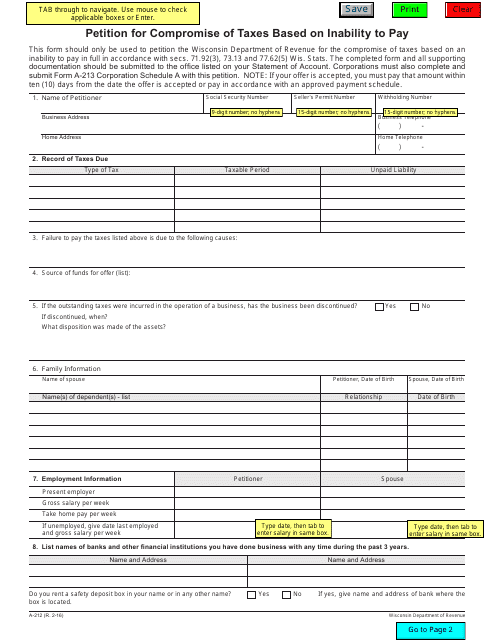 Form A-212 Petition for Compromise of Taxes Based on Inability to Pay - Wisconsin