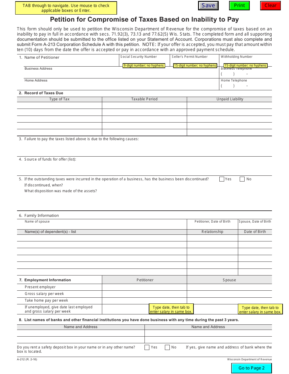 Form A-212 Petition for Compromise of Taxes Based on Inability to Pay - Wisconsin, Page 1