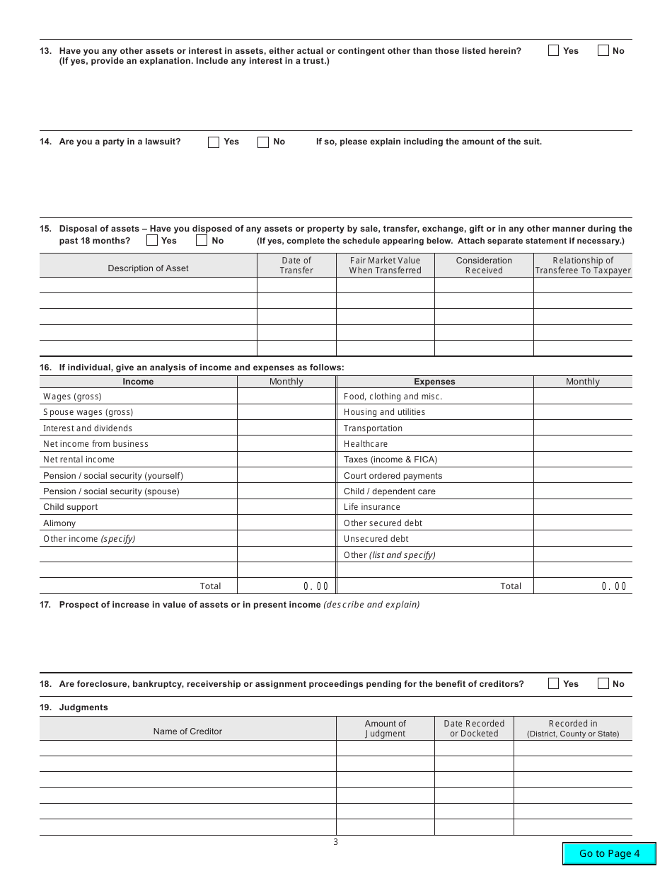 Form A-212 Petition for Compromise of Taxes Based on Inability to Pay - Wisconsin, Page 3