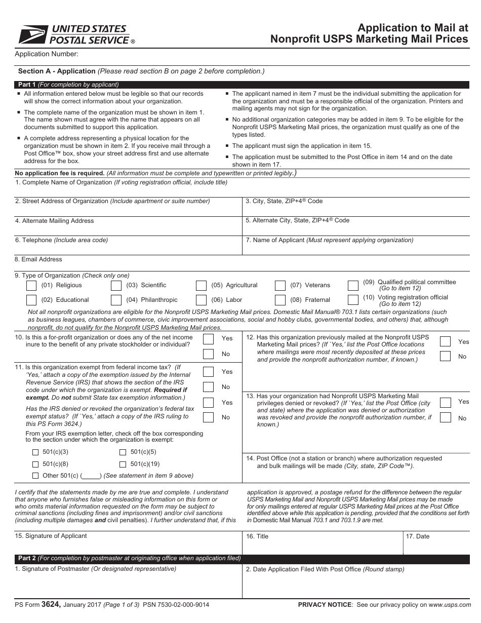 PS Form 3624 Application to Mail at Nonprofit USPS Marketing Mail Prices, Page 1
