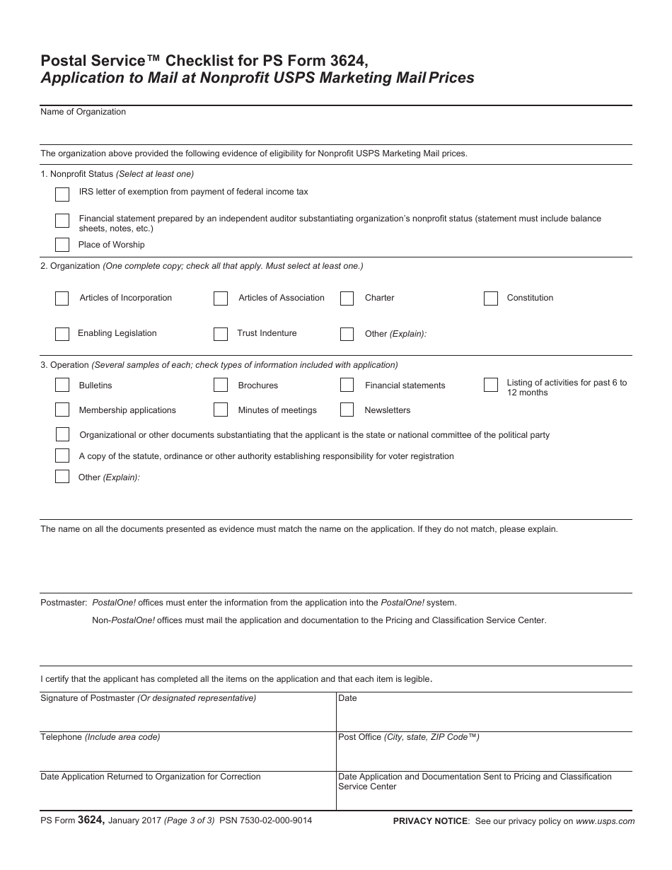 PS Form 3624 Application to Mail at Nonprofit USPS Marketing Mail Prices, Page 3