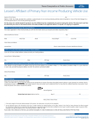 Document preview: Form 50-285 Lessee's Affidavit of Primary Non Income Producing Vehicle Use - Texas