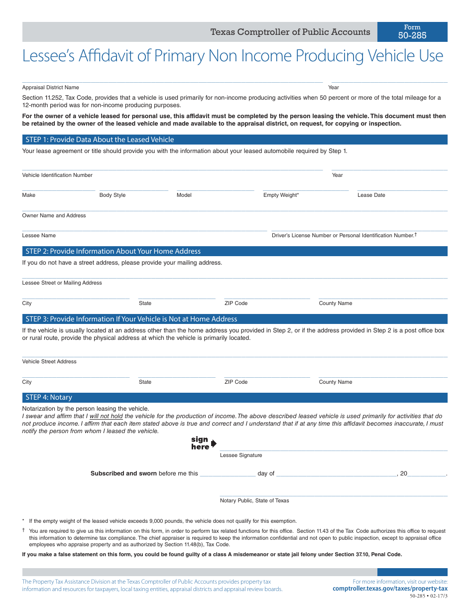 Form 50-285 Lessees Affidavit of Primary Non Income Producing Vehicle Use - Texas, Page 1