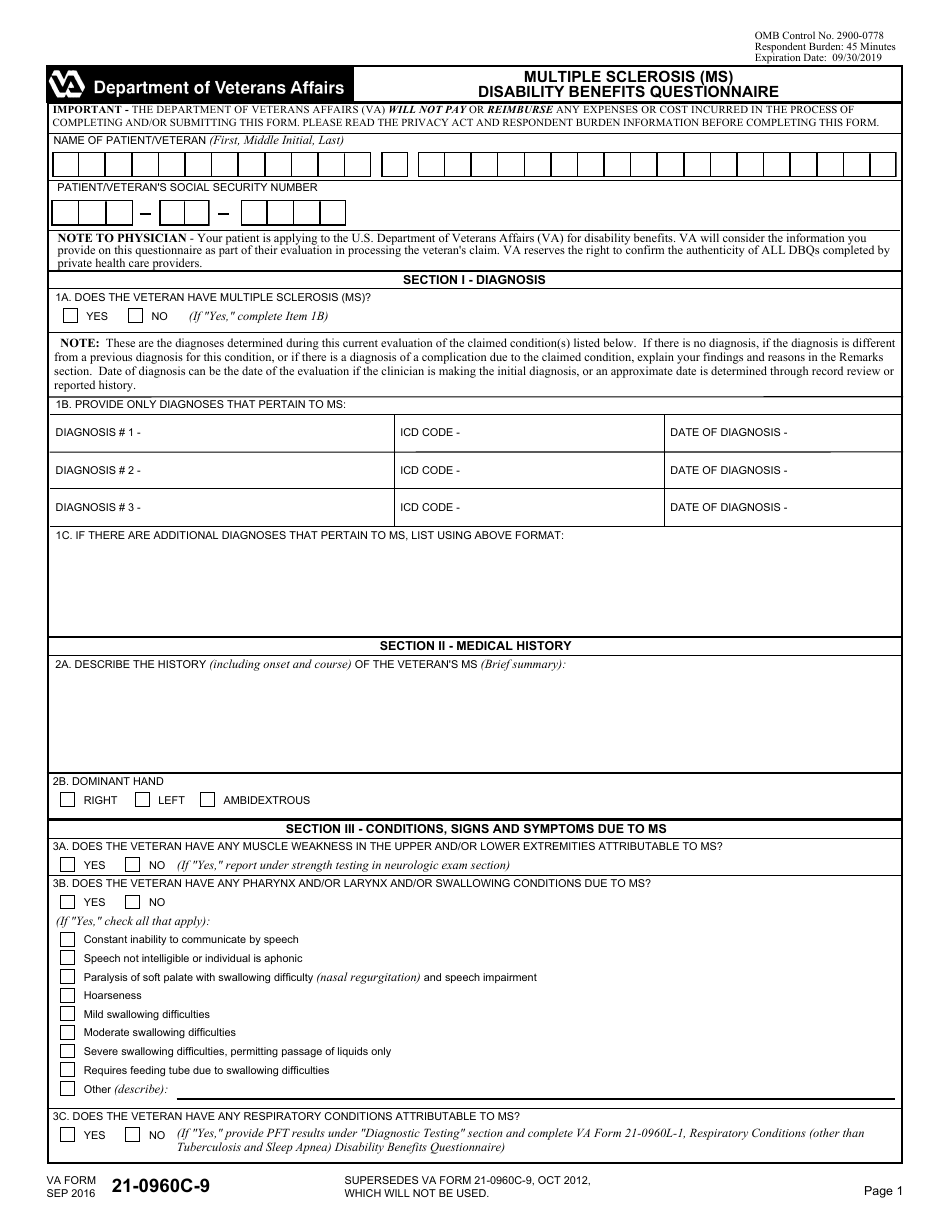 VA Form 21-0960C-9 Multiple Sclerosis (Ms) Disability Benefits Questionnaire, Page 1