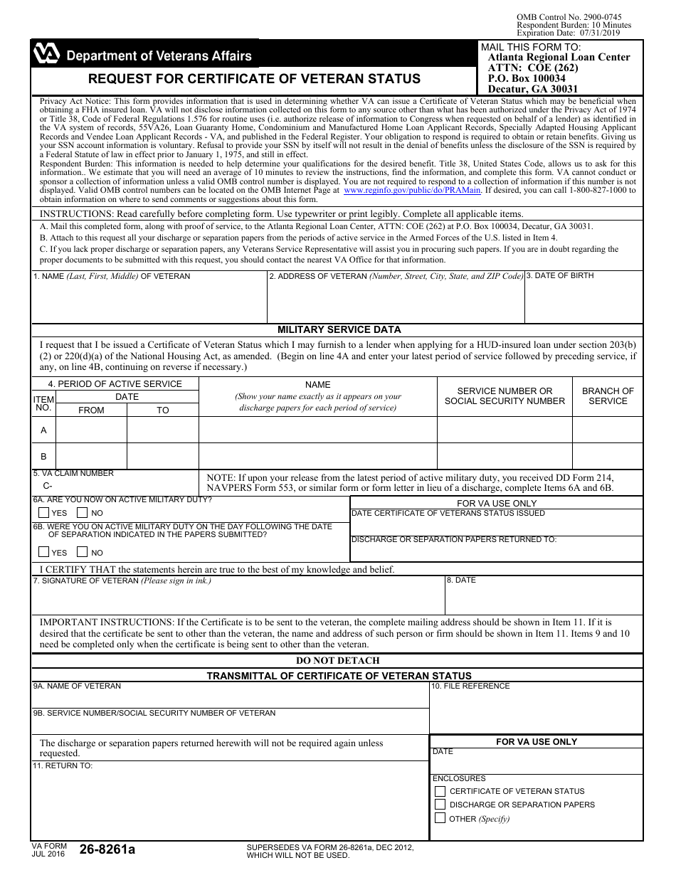 VA Form 26-8261A Request for Certificate of Veteran Status, Page 1