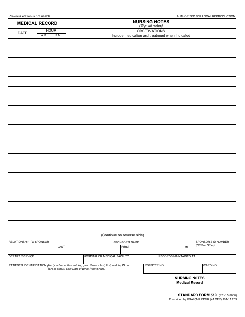 Form SF-510 Medical Record - Nursing Notes