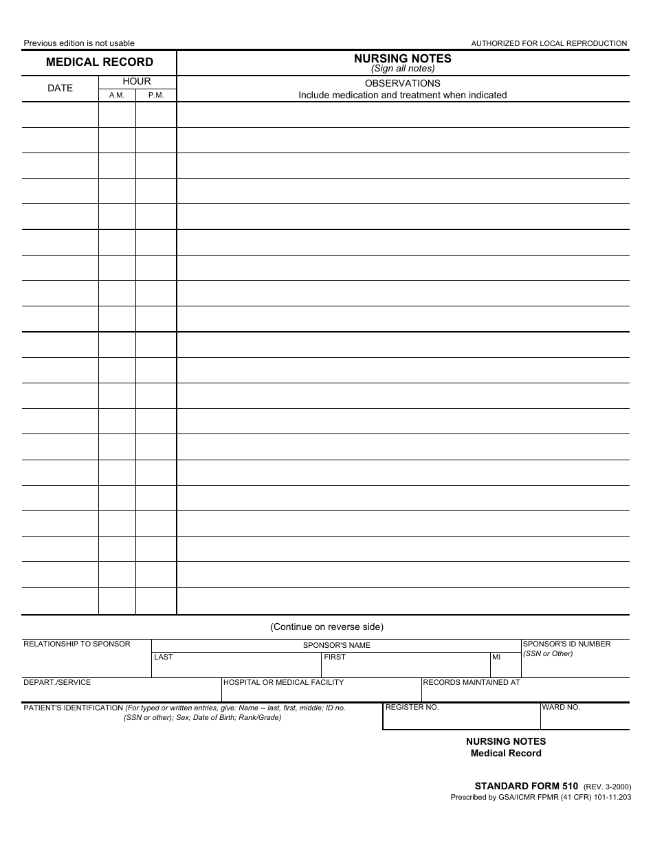 Form SF-510 Medical Record - Nursing Notes, Page 1
