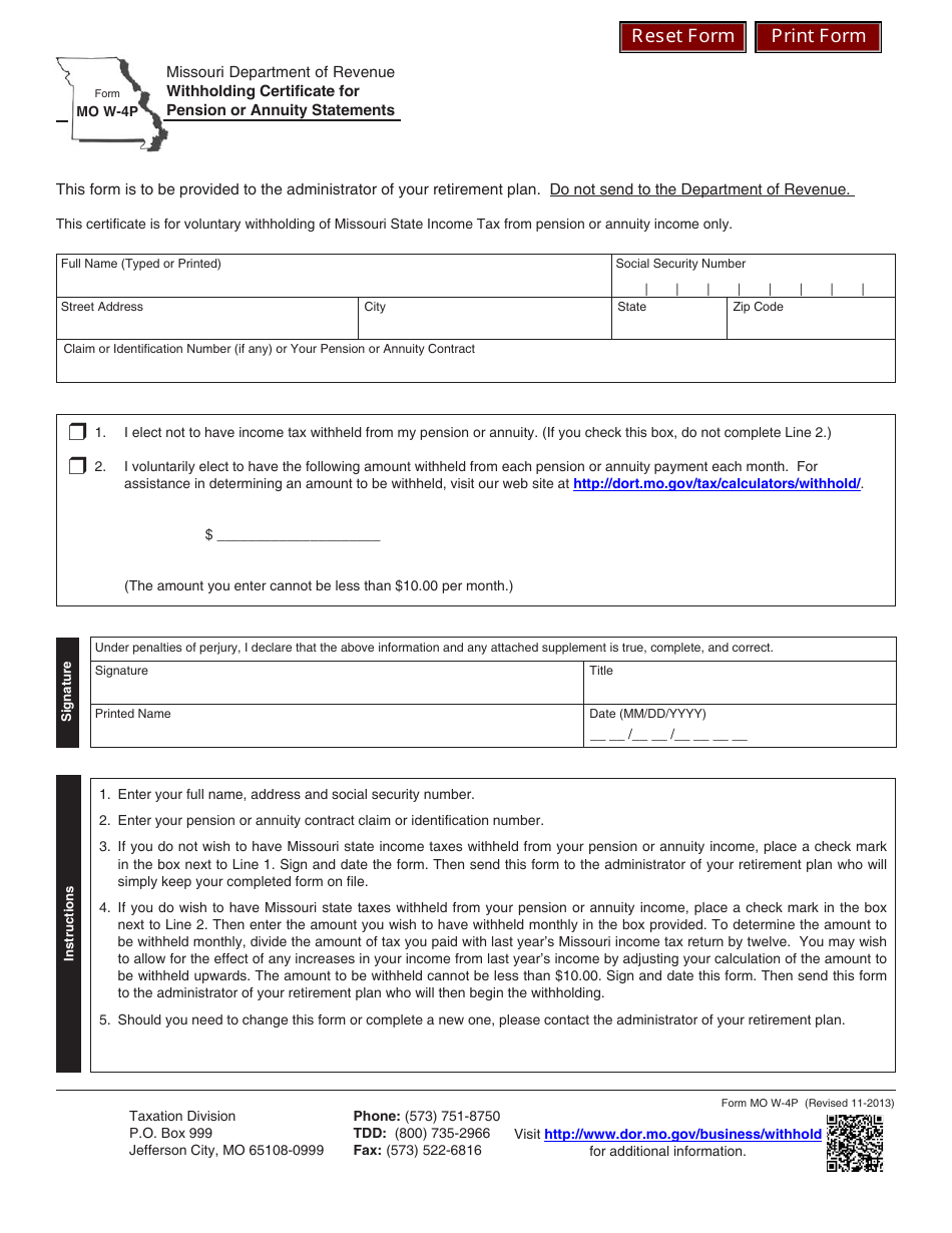 Form MO W-4P Withholding Certificate for Pension or Annuity Statements - Missouri, Page 1