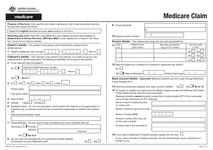 Form MS014.1705 Medicare Claim - Australia