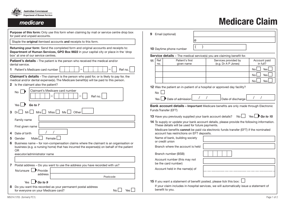 Form MS014.1705 Medicare Claim - Australia, Page 1