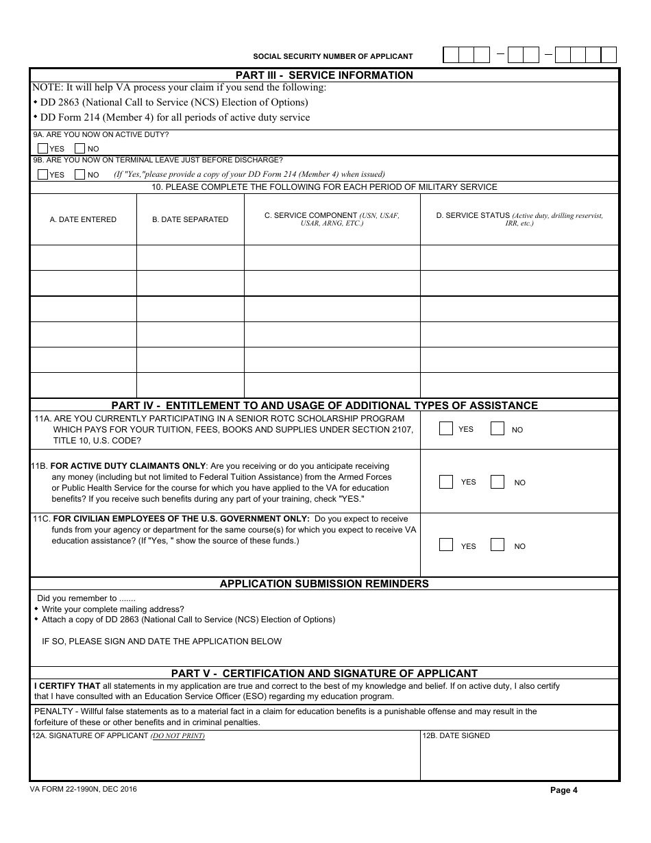 VA Form 22-1990N Application for VA Education Benefits Under the National Call to Service (Ncs) Program, Page 4