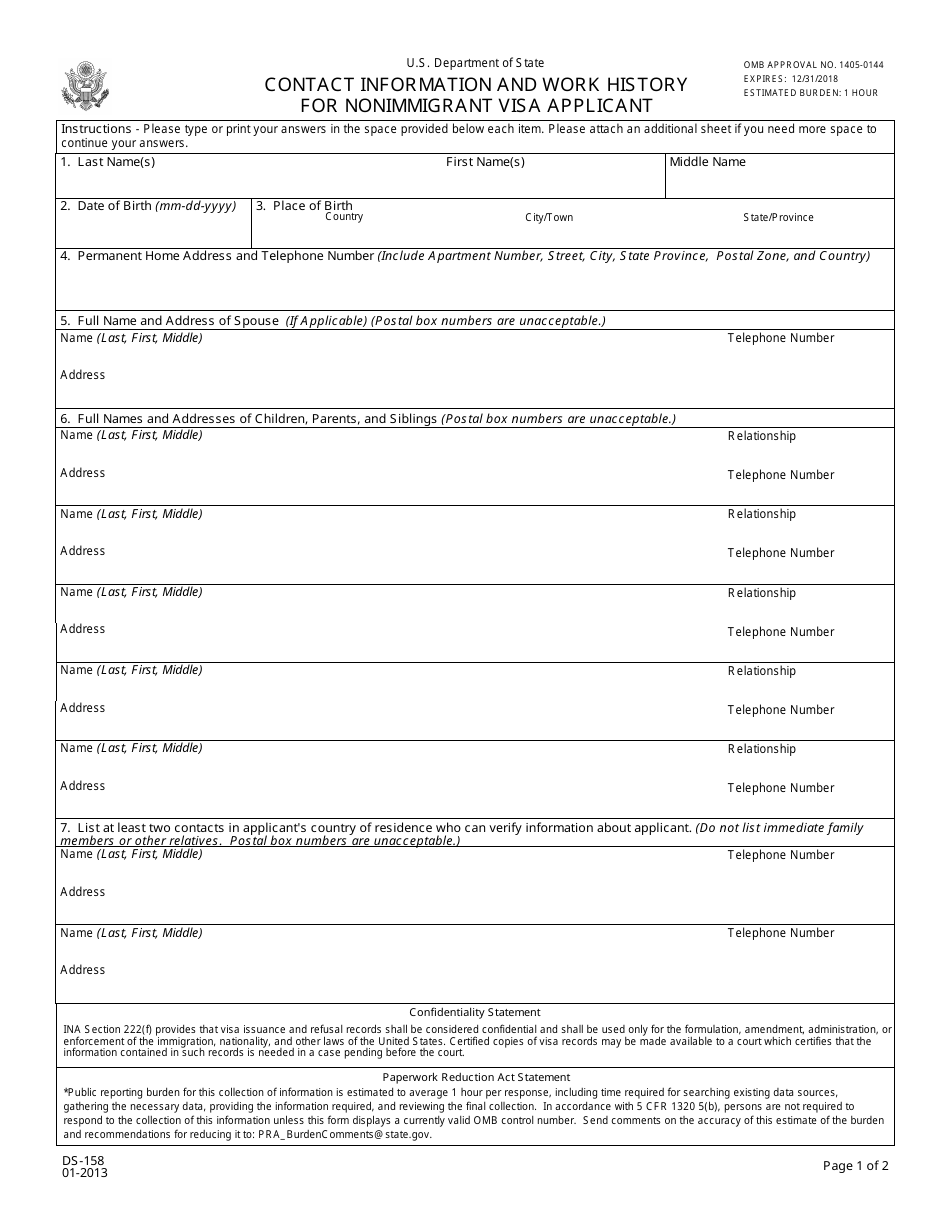 Form DS-158 Contact Information and Work History for Nonimmigrant Visa Applicant, Page 1
