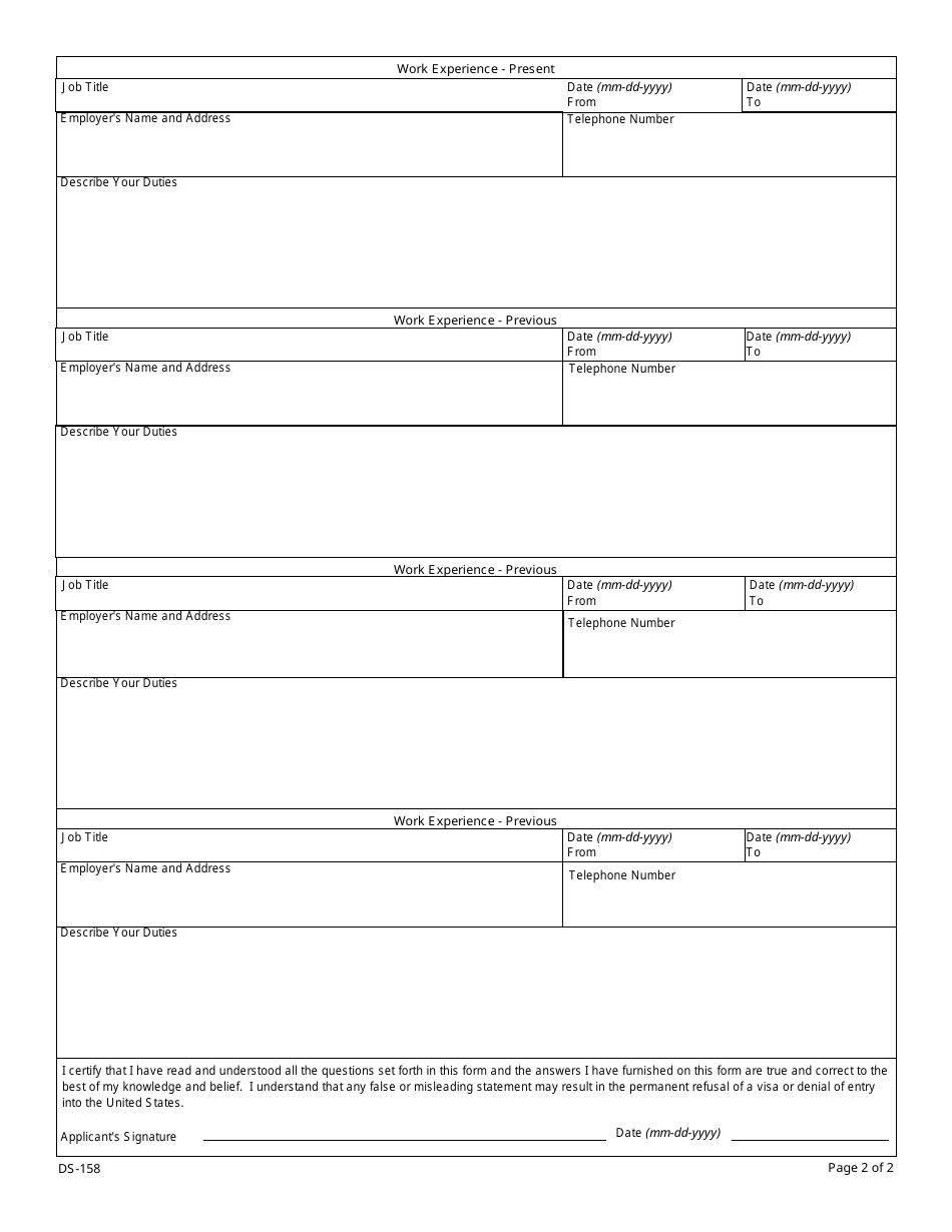 Form DS-158 Contact Information and Work History for Nonimmigrant Visa Applicant, Page 2