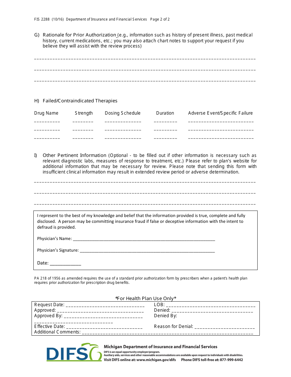 Form FIS2288 Michigan Prior Authorization Request Form for Prescription Drugs - Michigan, Page 3