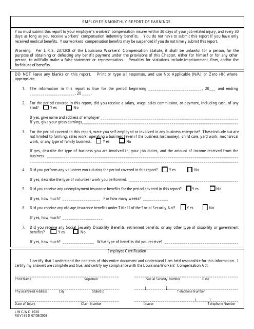 Form LWC-WC1020 Employee's Monthly Report of Earnings - Louisiana
