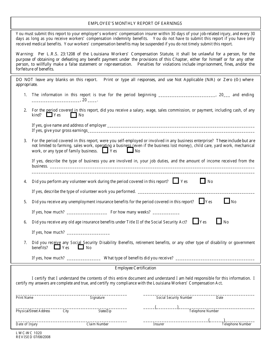 Form LWC-WC1020 Employees Monthly Report of Earnings - Louisiana, Page 1