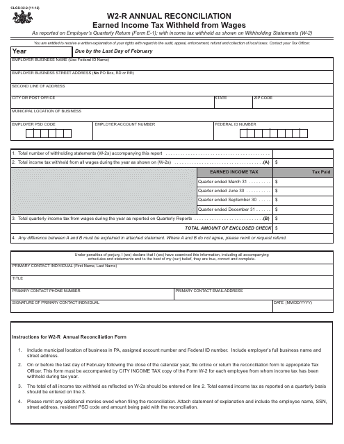 Form CLGS-32-2 Employer W2-r Annual Reconciliation of Local Earned Income Tax Withheld From Wages - Pennsylvania