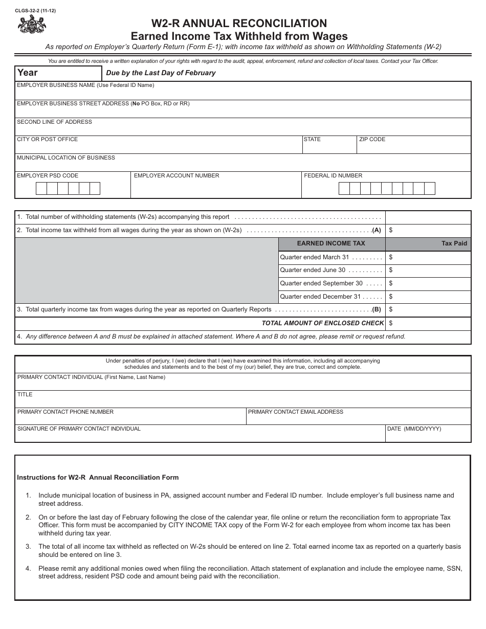 Form CLGS-32-2 Employer W2-r Annual Reconciliation of Local Earned Income Tax Withheld From Wages - Pennsylvania, Page 1