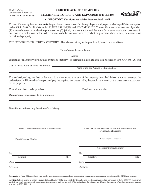 Form 51A111 Certificate of Exemption - Machinery for New and Expanded Industry - Kentucky