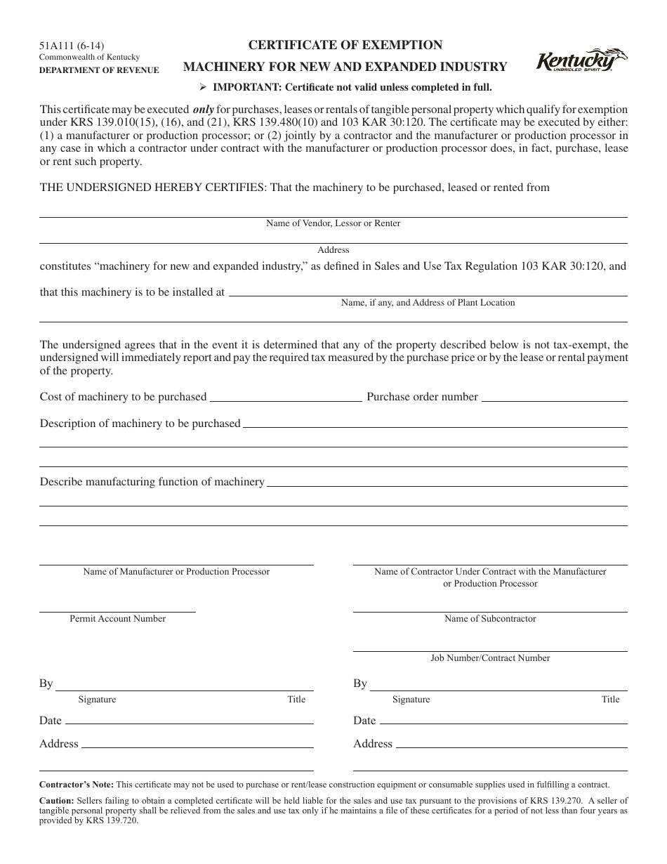 Form 51A111 Certificate of Exemption - Machinery for New and Expanded Industry - Kentucky, Page 1