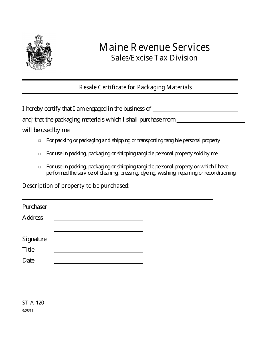 Form ST-A-120 Resale Certificate for Packaging Materials - Maine, Page 1