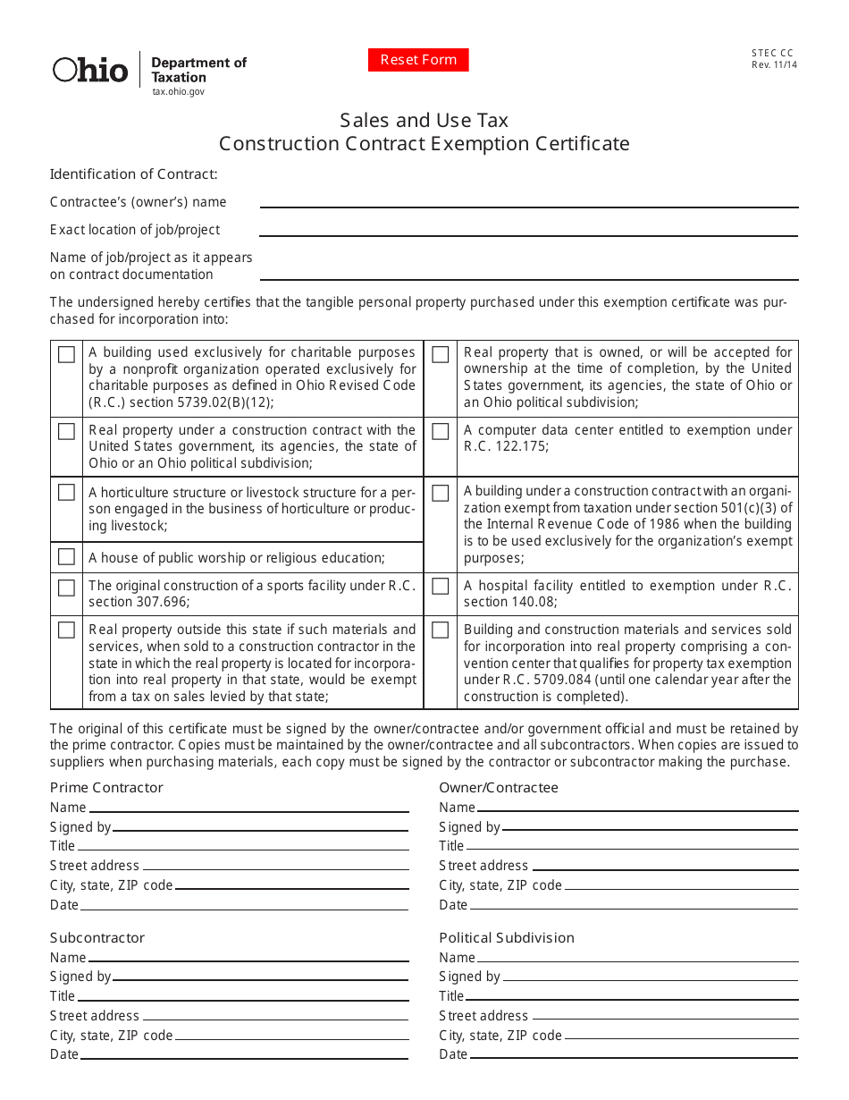 Form STEC CC Sales and Use Tax Construction Contract Exemption Certificate - Ohio, Page 1