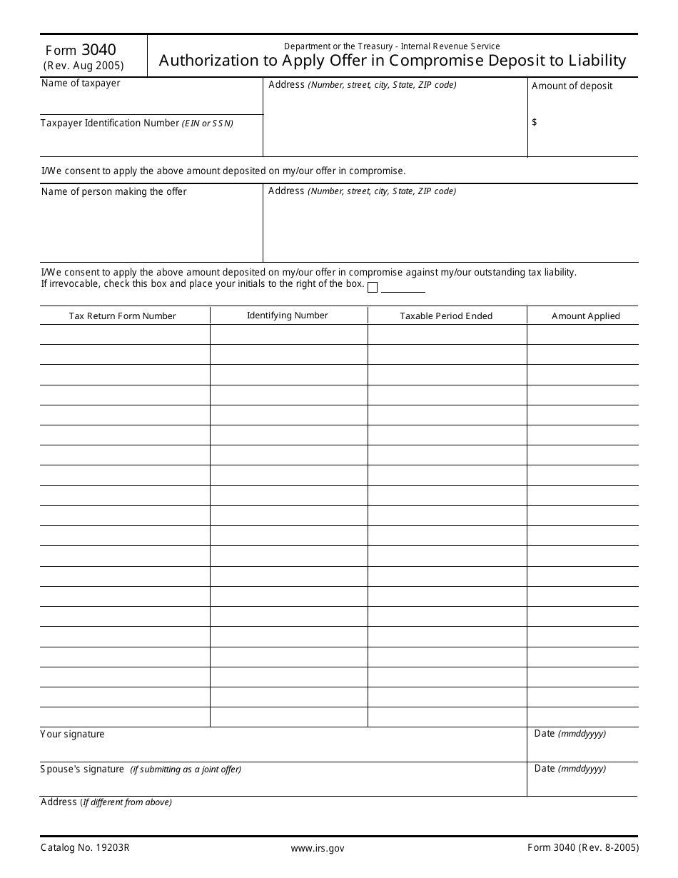 IRS Form 3040 Authorization to Apply Offer in Compromise Deposit to Liability, Page 1