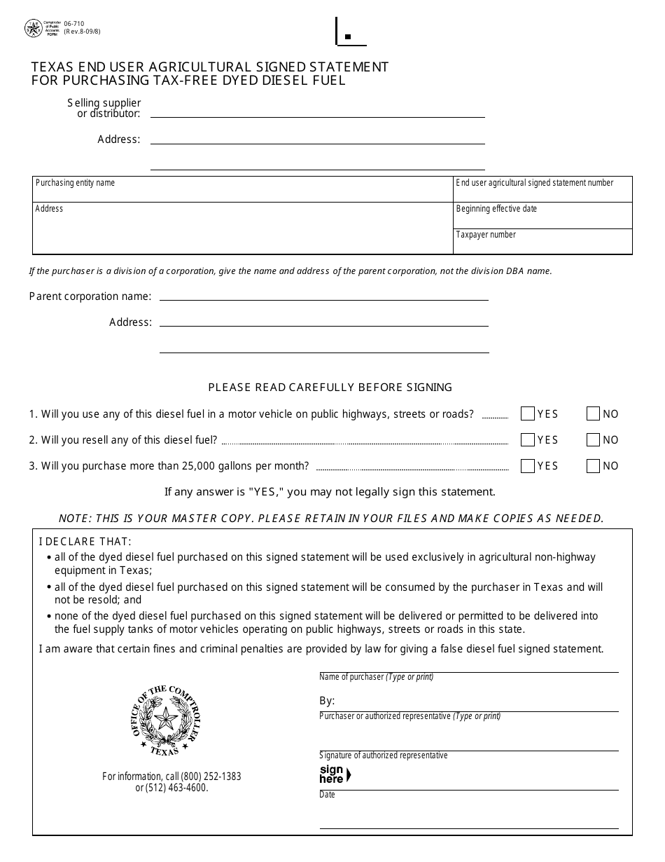 Form 06-710 Texas End User Agricultural Signed Statement for Purchasing Tax-Free Dyed Diesel Fuel - Texas, Page 1