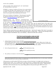 Document preview: Application for Certificate of Existence of Registered Entities - Alabama